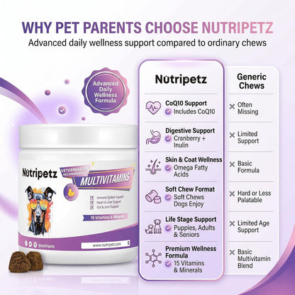 Nutripetz 15 Vitamins & Minerals Pet Supplement - 120 Soft Chews, Duck Flavour - All-in-One with Glucosamine & Probiotics for Dogs & Cats