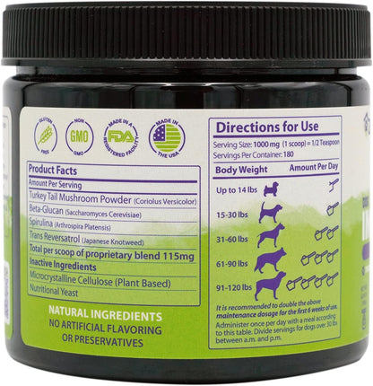Zenapet Dog Immune Support Premium Powder Topper - Turkey Tail, Spirulina & Beta-Glucan - Supports Immune System & Digestion - Human-Grade - Made in the USA