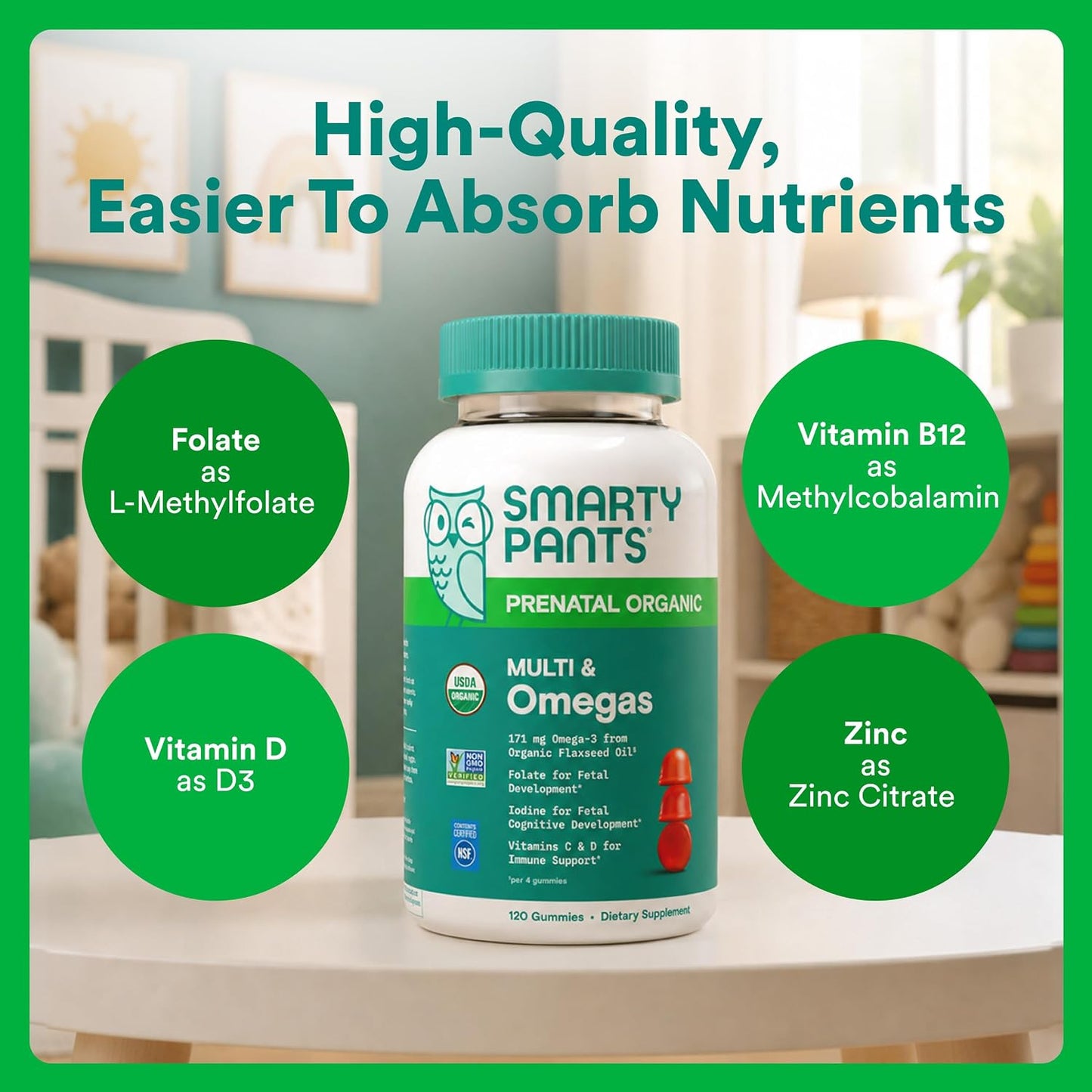SmartyPants Organic Prenatal Vitamins for Women, Multivitamin Gummies: Biotin, Methylfolate, Omega 3 (ALA), Vitamin D3, C, Vitamin B12, B6, A, K2 & Zinc, Choline, Vegetarian, 120 Count (30 Day Supply) - görsel 6