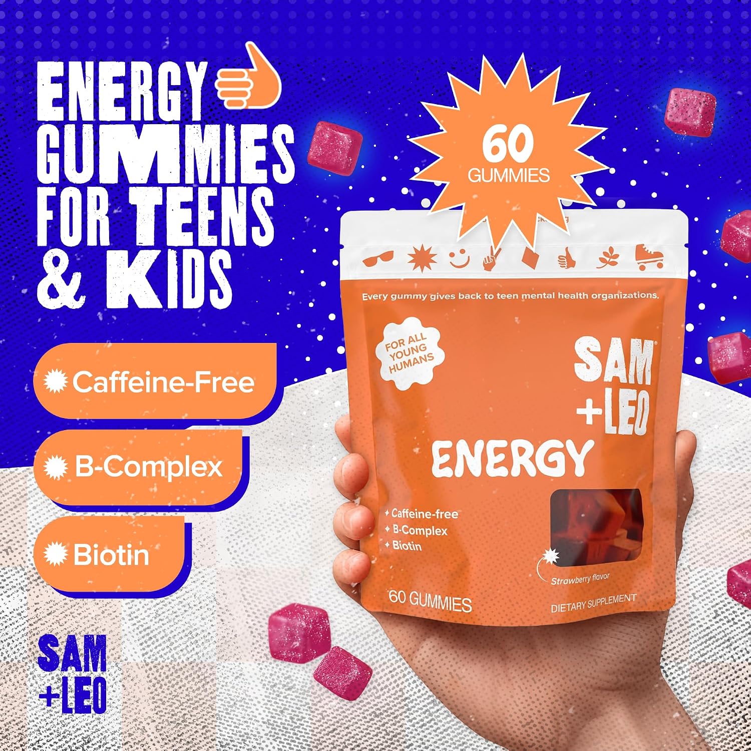 Vitamin B Complex Gummies with Biotin for Children & Teenagers - Caffeine-Free Focus & Energy Support | Vegan & Gluten-free - Strawberry Flavour (60 Count) - görsel 2