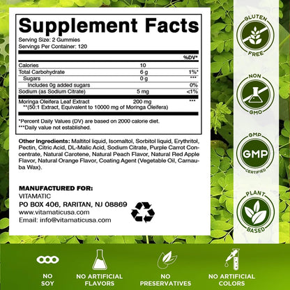 Vitamatic Moringa Gummies – Sugar-Free Superfood, 50:1 Extract, 240 Gummies