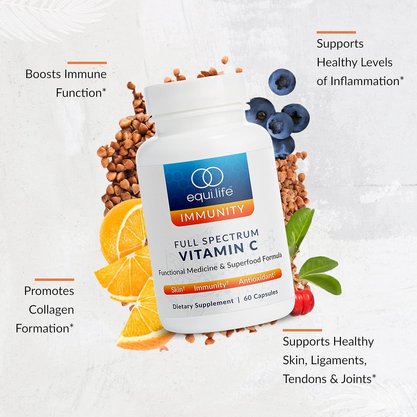 EquiLife Full Spectrum Vitamin C with Quercetin & Bioflavonoids - Antioxidant Formula to Support Immune Function and Collagen Formation - Gluten-free, Non GMO, 60 Capsules - görsel 3