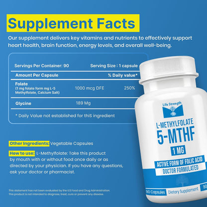 L-Methylfolate 1mg | 180 Capsules | Active Folate Supplement by LifeStrength