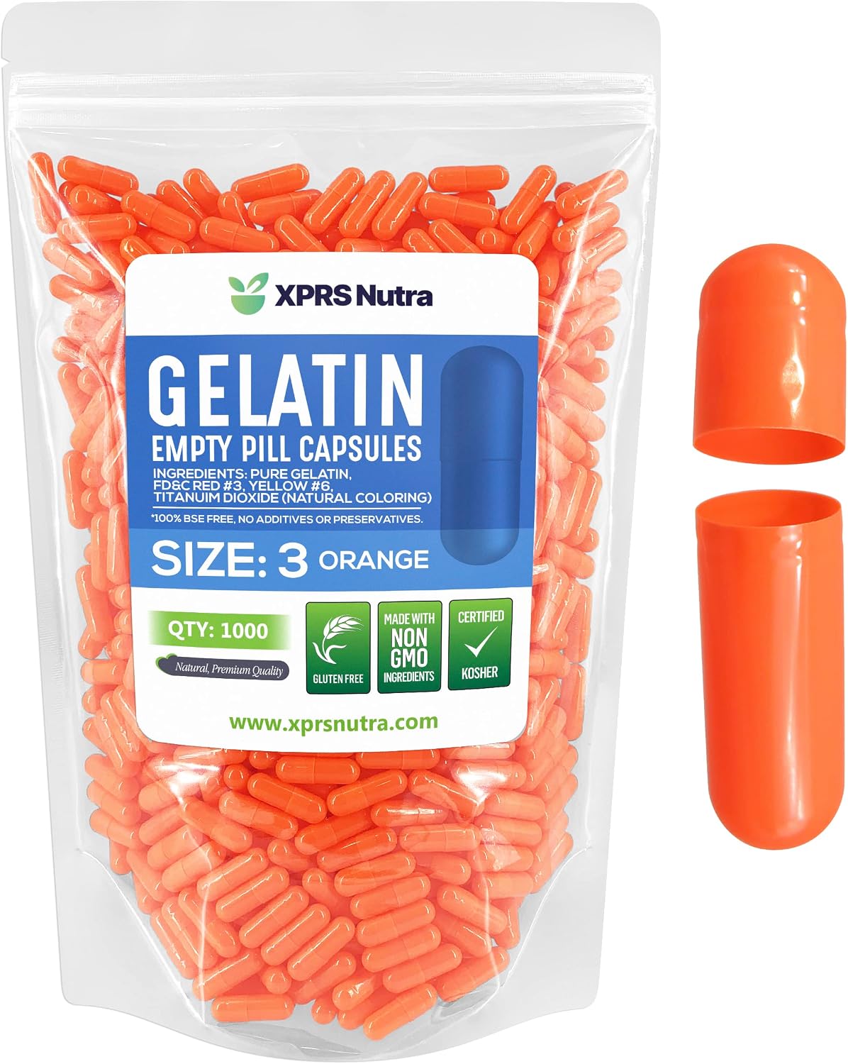 XPRS Nutra Size 3 Empty Gelatine Capsules - 1000 Capsules (Orange) - görsel 1
