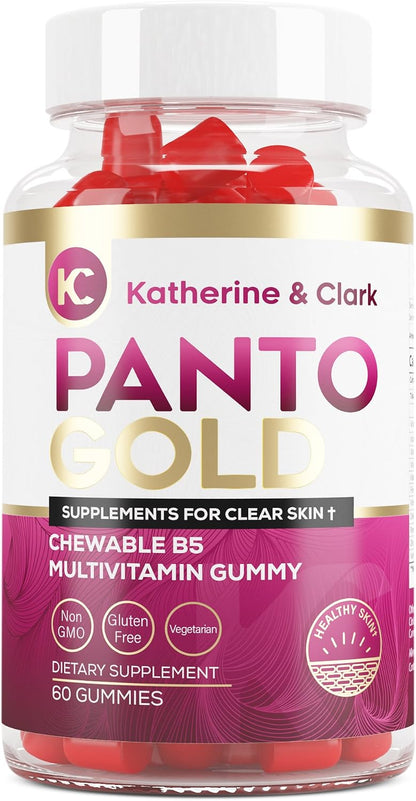 Katherine & Clark Panto Gold Vitamin B5 Pantothenic Acid Gummies for Acne - Hair Skin and Nails - Biotin, Zinc, Folic Acid - 60 Count