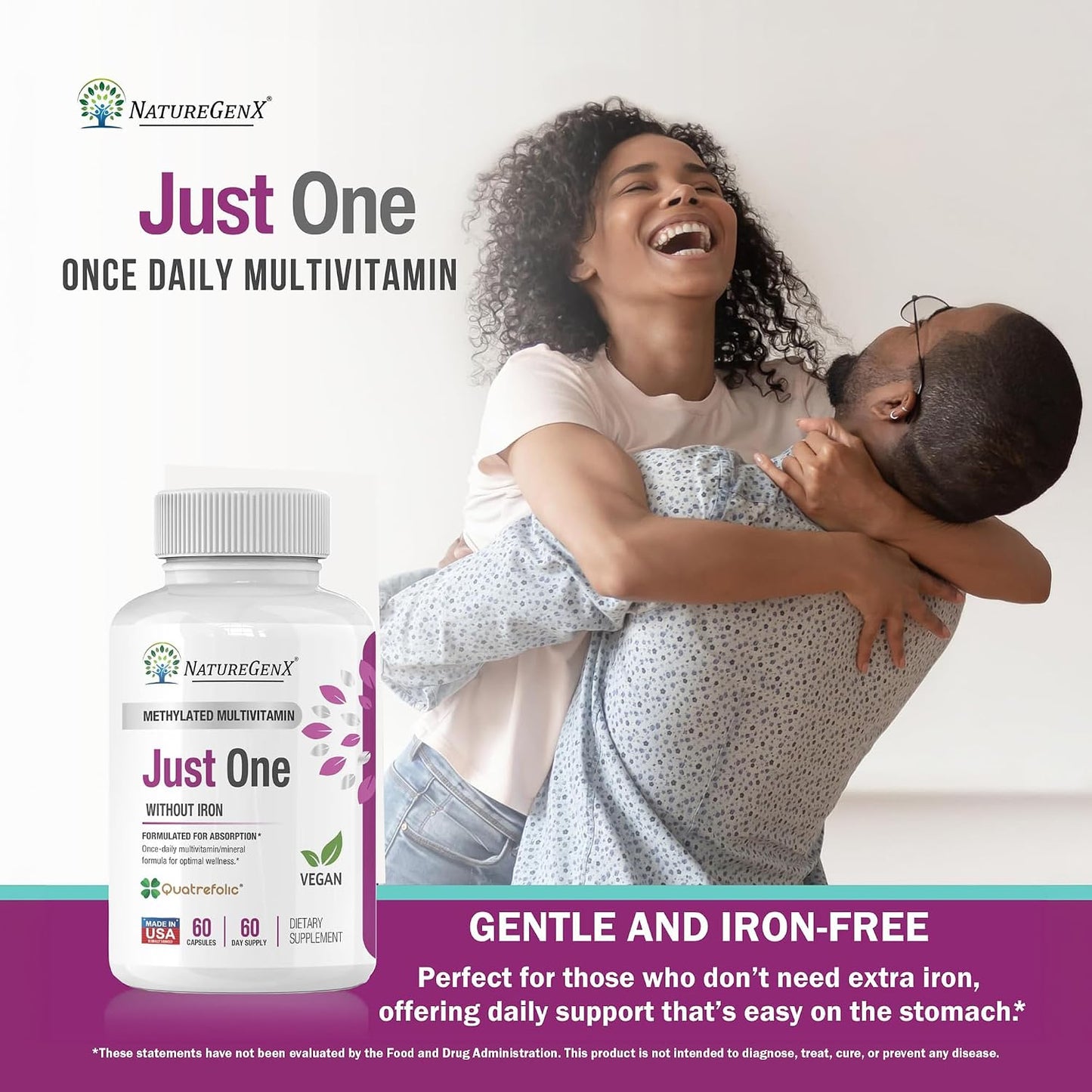 NatureGenX Just One Daily Methylated Multivitamin - Iron-Free, Methyl B12 & Quatrefolic Methylfolate, 120 Vegan Capsules (4-Month Supply) - görsel 6