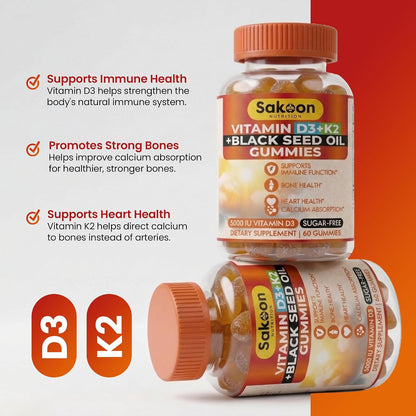 Sakoon Vitamin D3 K2 Gummies 5000 IU with Black Seed Oil - Bone Strength, Calcium Absorption & Immune Support - Non-GMO, Gluten-free - 60 Gummies