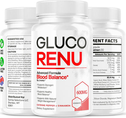 Gluco Renu Capsules - Natural Blood Health Support, Vegan & Non-GMO, 30 Capsules