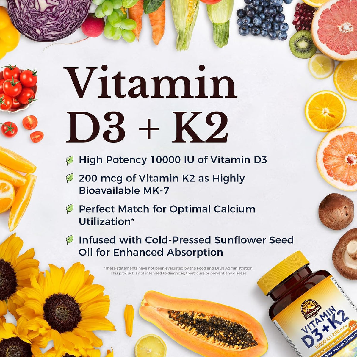 Vitalitown Vitamin D3 K2 Supplement, Vitamin D3 10000 IU Vitamin K2 (MK7) 200 mcg, 300 Softgels, Non-GM, Gluten and Soya Free, for Bone, Teeth, Immune and Heart Health - görsel 3