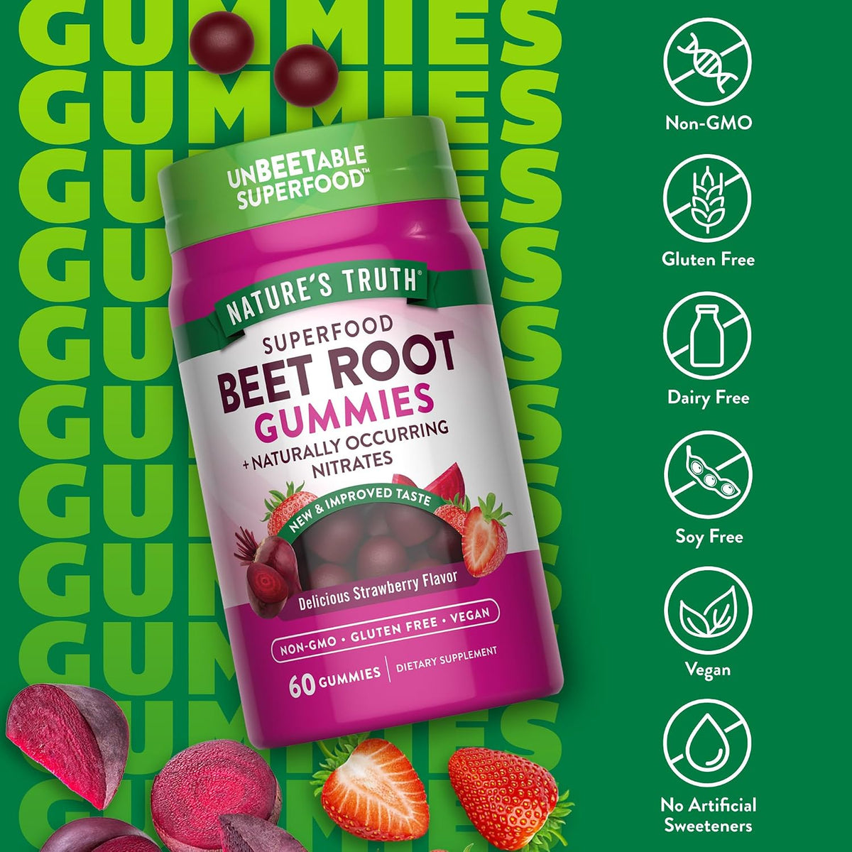 Nature's Truth Beetroot Gummies - Superfood with Black Pepper, Strawberry Flavour (60 Count) - görsel 3