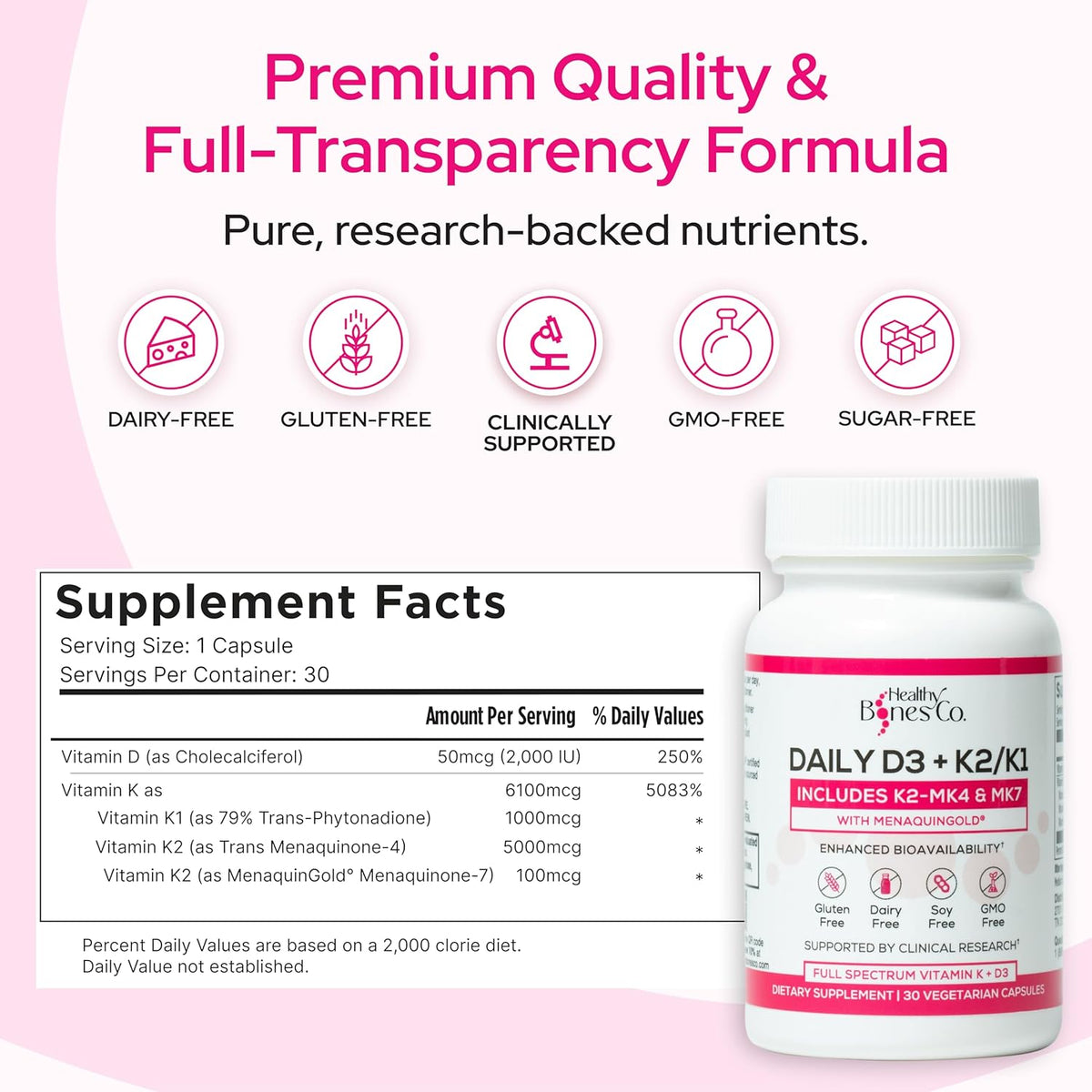 Premium D3 K2 - Full Spectrum Vitamin D3 K2, 2000 IU D3 + MK7 + MK4 + K1, 30 Capsules - görsel 2