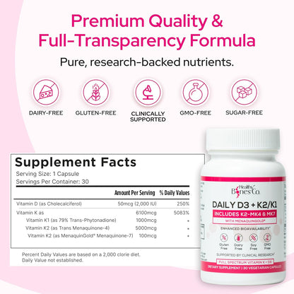 Premium D3 K2 - Full Spectrum Vitamin D3 K2, 2000 IU D3 + MK7 + MK4 + K1, 30 Capsules