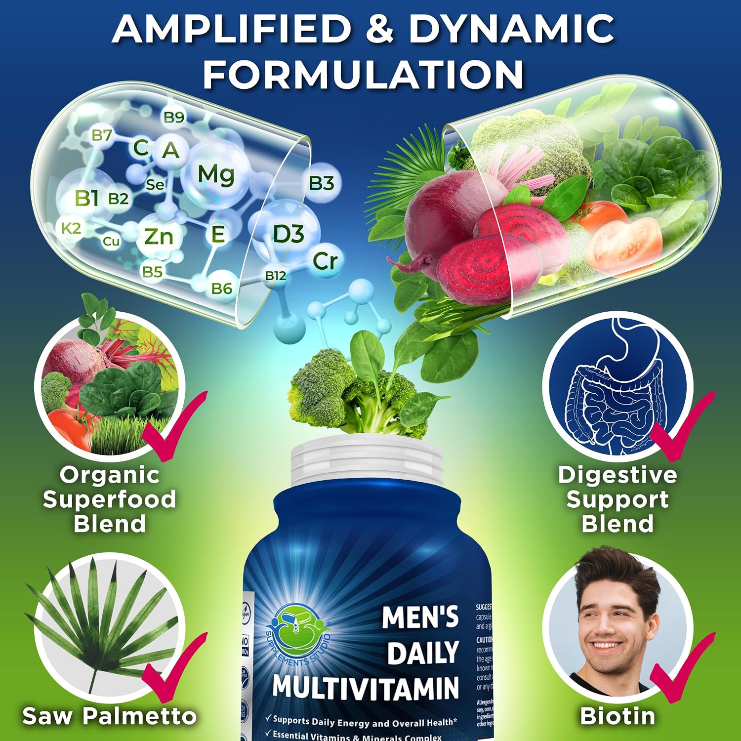 Men's Daily Multivitamin – Vegan Methylated with Saw Palmetto and Organic Superfoods - görsel 3