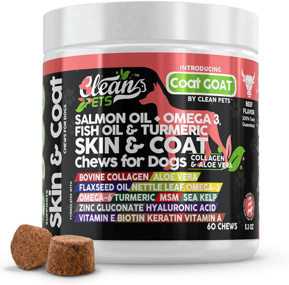 Clean Pets Salmon Oil Omega-3 Fish Oil for Dogs Skin and Coat Supplement | Dog Collagen Aloe Vera Biotin Keratin Flaxseed Nettle Leaf Sea Kelp Hyaluronic Acid Brewer's Yeast Vitamin A - Coat Goat