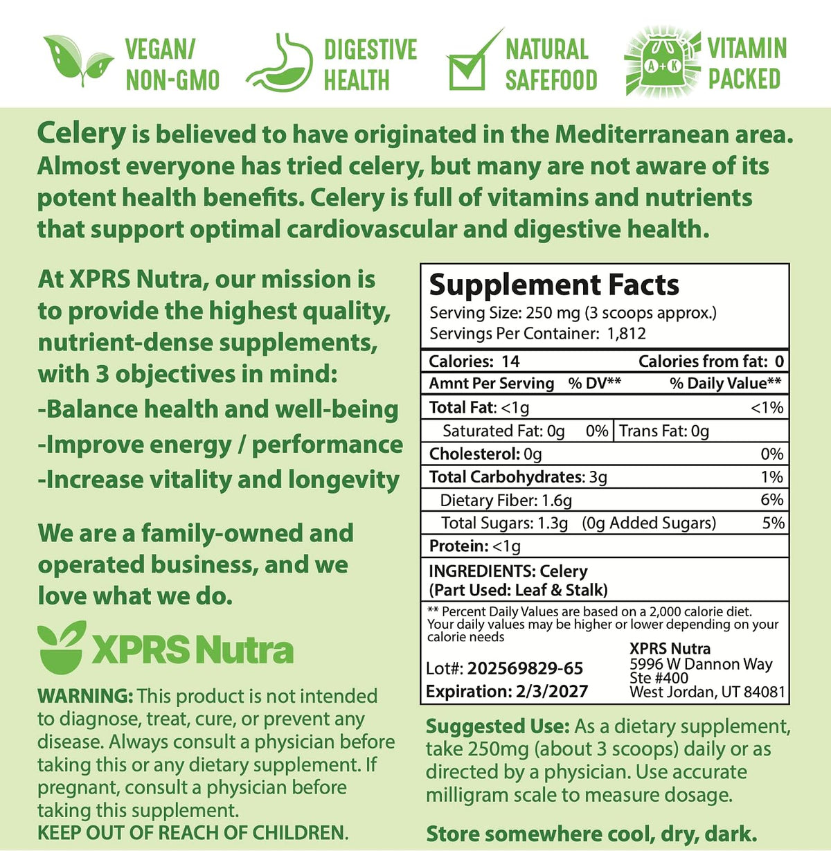 XPRS Nutra Celery Powder - Fresh Powder Antioxidant - Premium Celery, Vegan Friendly (454 g) - görsel 2