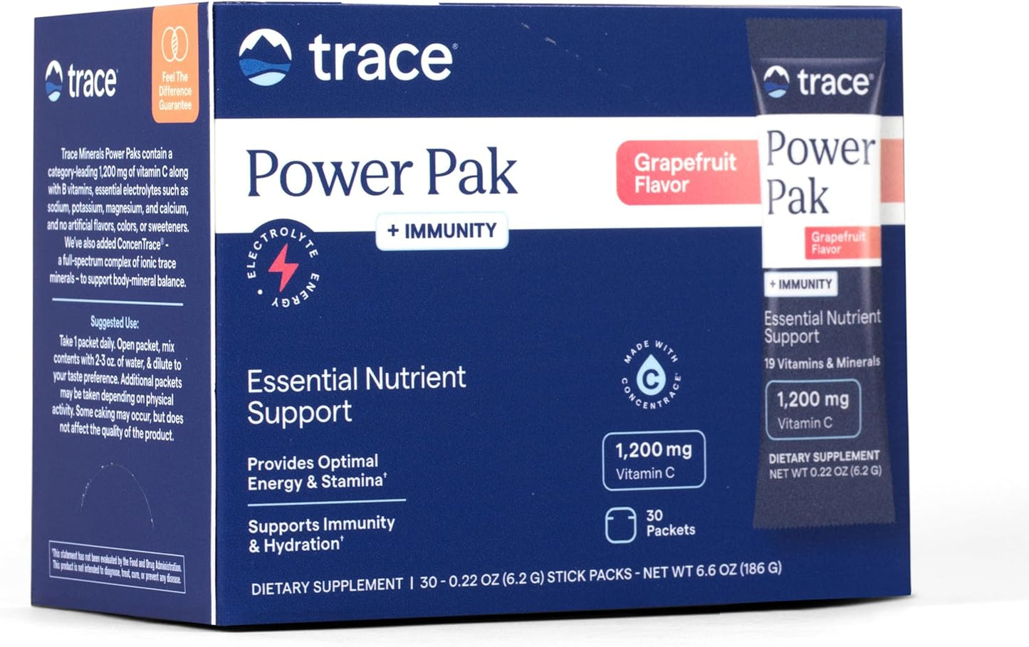 Trace Minerals Power Pak Plus Immunity - Hydration Support Supplement Supports Endurance - Mineral Absorption Supplement Supports Immune Health & Muscle Recovery - Grapefruit, 30 Packets - görsel 1