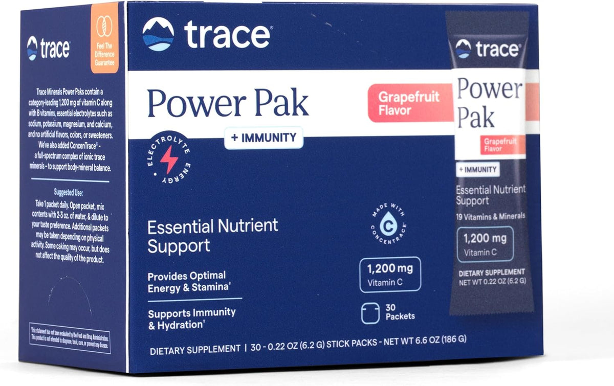 Trace Minerals Power Pak Plus Immunity - Hydration Support Supplement Supports Endurance - Mineral Absorption Supplement Supports Immune Health & Muscle Recovery - Grapefruit, 30 Packets - görsel 1