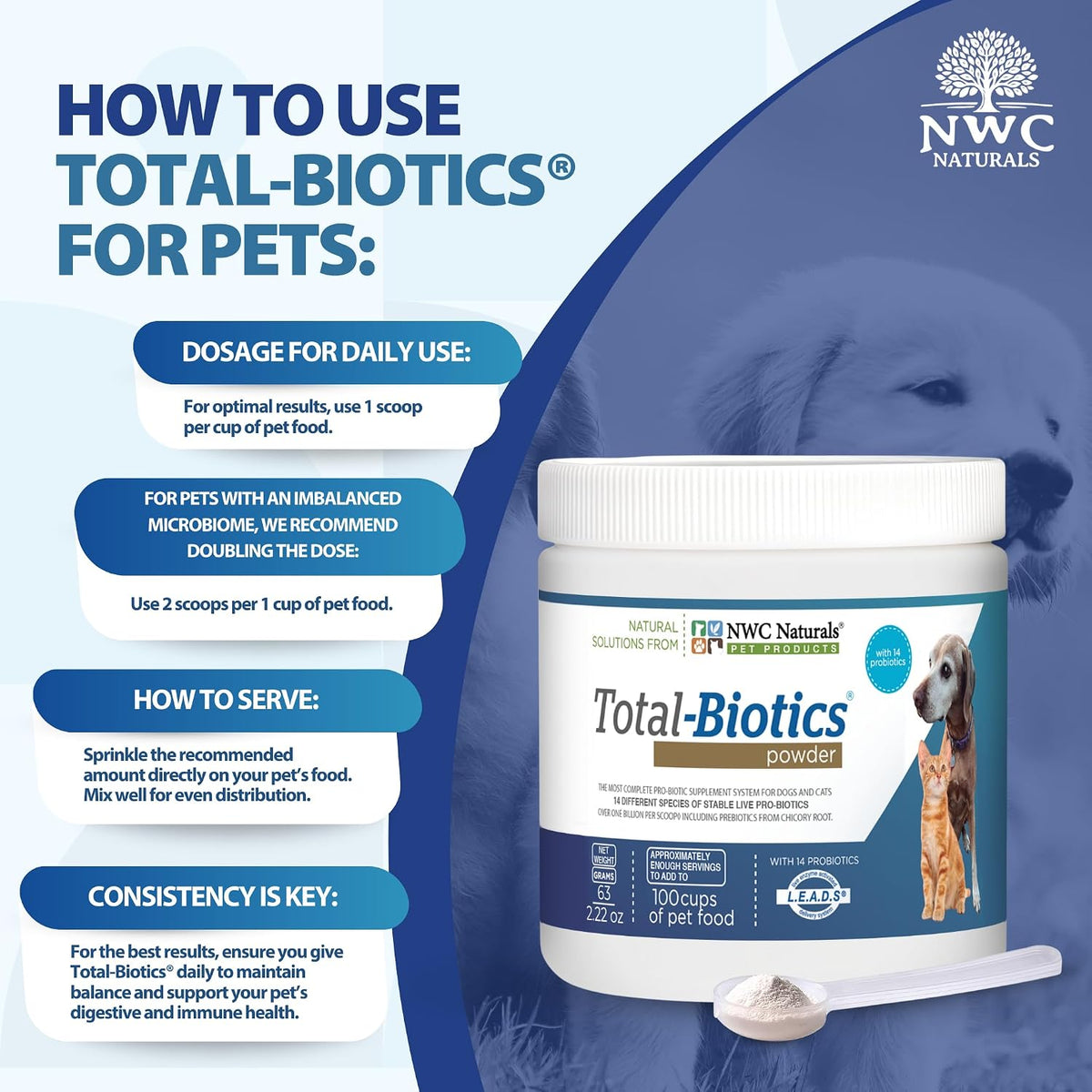 NWC Naturals Total-Biotics Probiotic for Dogs & Cats - Digestive Health Powder, 100 Servings - görsel 7