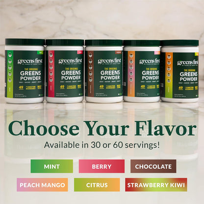 Greens First Original Greens Powder - 49 Superfoods, Organic Fruits & Vegetables, Prebiotics & Probiotics, Chocolate - 30 Servings
