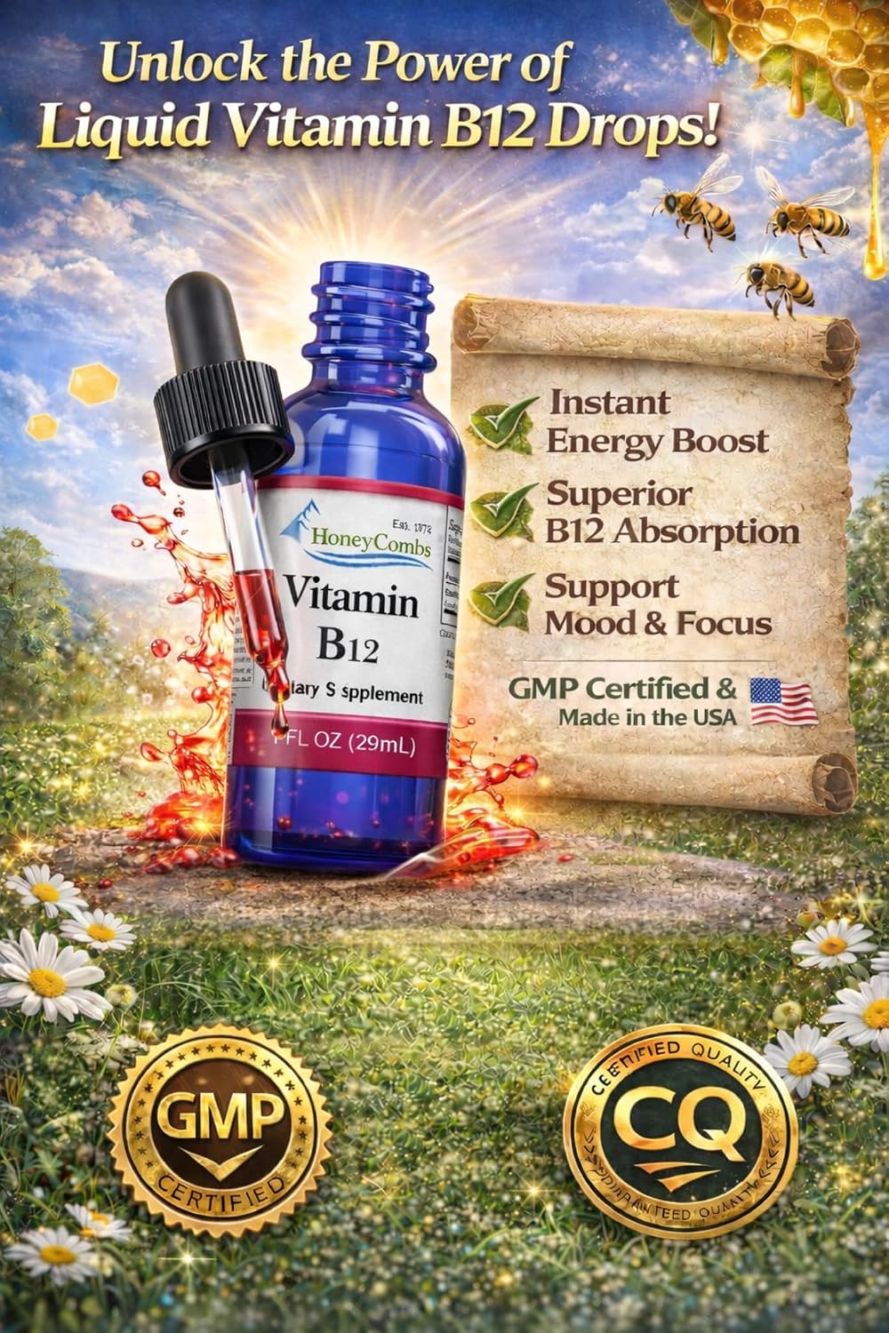 HoneyCombs Liquid Vitamin B12 Drops - Sublingual Cyanocobalamin Supplement - görsel 3