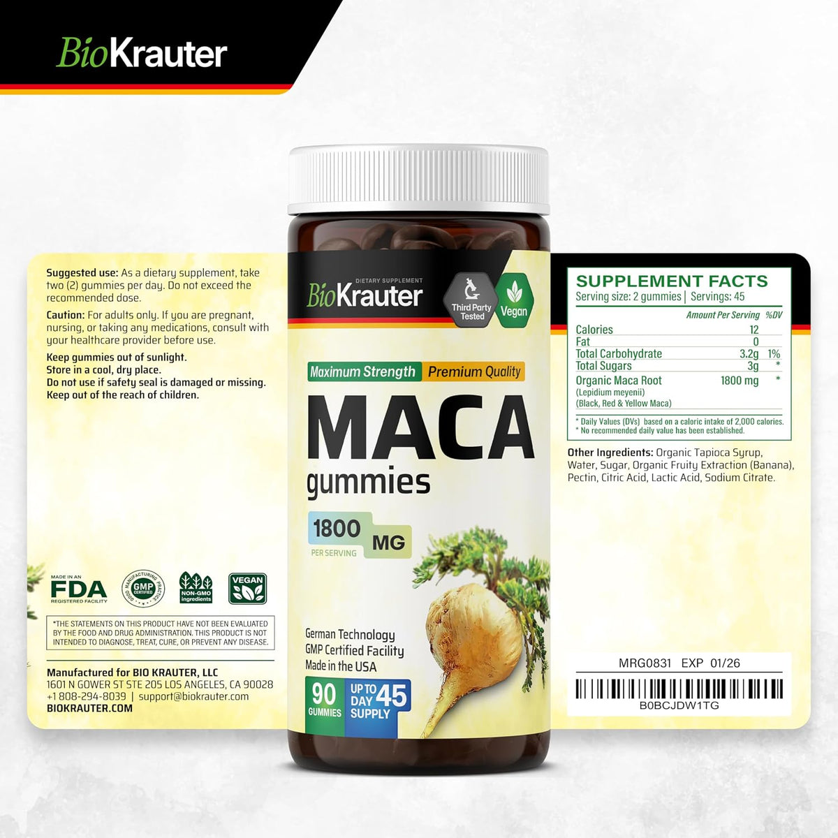BIO KRAUTER Maca Root Gummies - Black, Red & Yellow Maca Supplement 1800 mg for Vitality & Stamina - 90 Gummies, 45-Day Supply, Non-GMO, Banana Flavour - görsel 7