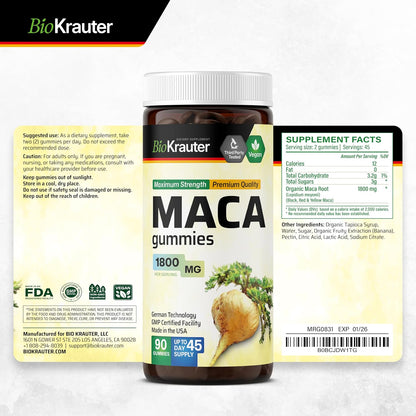 BIO KRAUTER Maca Root Gummies - Black, Red & Yellow Maca Supplement 1800 mg for Vitality & Stamina - 90 Gummies, 45-Day Supply, Non-GMO, Banana Flavour