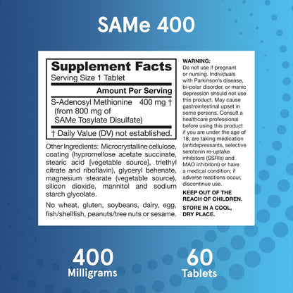 Jarrow Formulae SAMe Supplement 400 mg - 60 Tablets - High Concentration of Active S,S Form