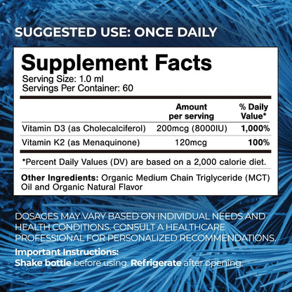 USDA Organic Liquid Vitamin D3 & K2 Drops – Superdose 8,000 IU with 120 mcg K2 – Vegan, Non-GMO – 60 ml