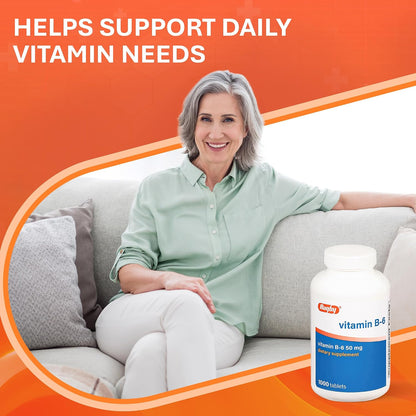 Rugby Vitamin B6 50mg Tablets, Gluten-Free Food Supplement for Adults - 1000 Count