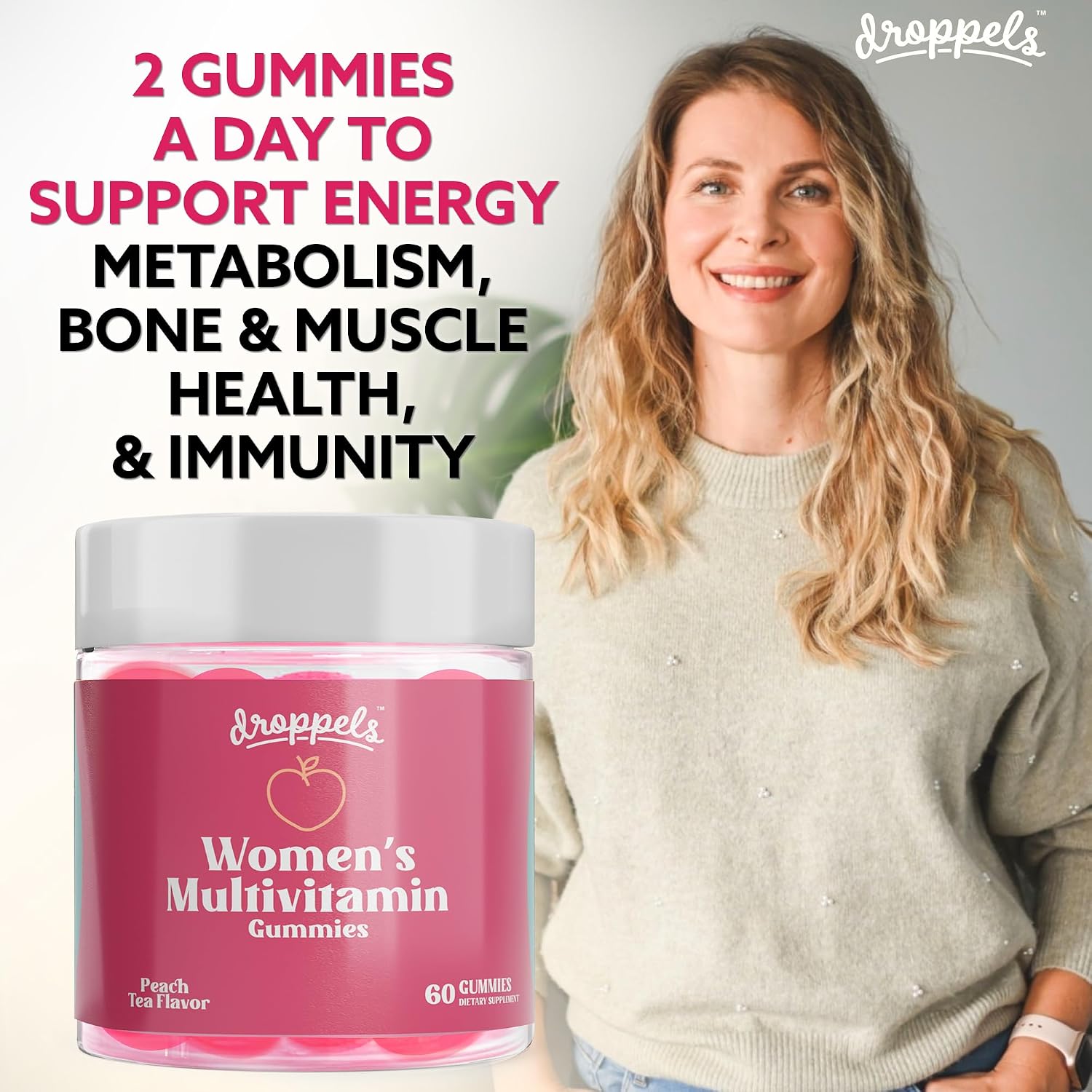 Droppels Women's Multivitamin Gummies with Folic Acid & Biotin - Peach Tea Flavour, 60 Count - görsel 5