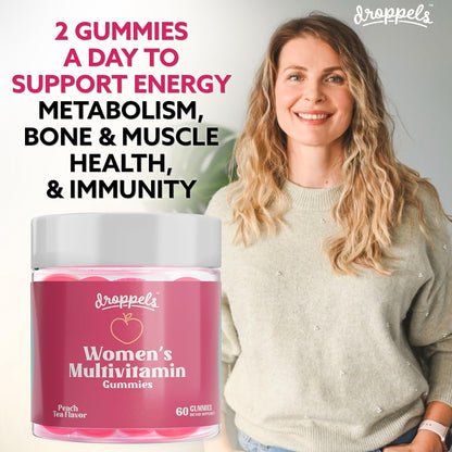 Droppels Women's Multivitamin Gummies with Folic Acid & Biotin - Peach Tea Flavour, 60 Count