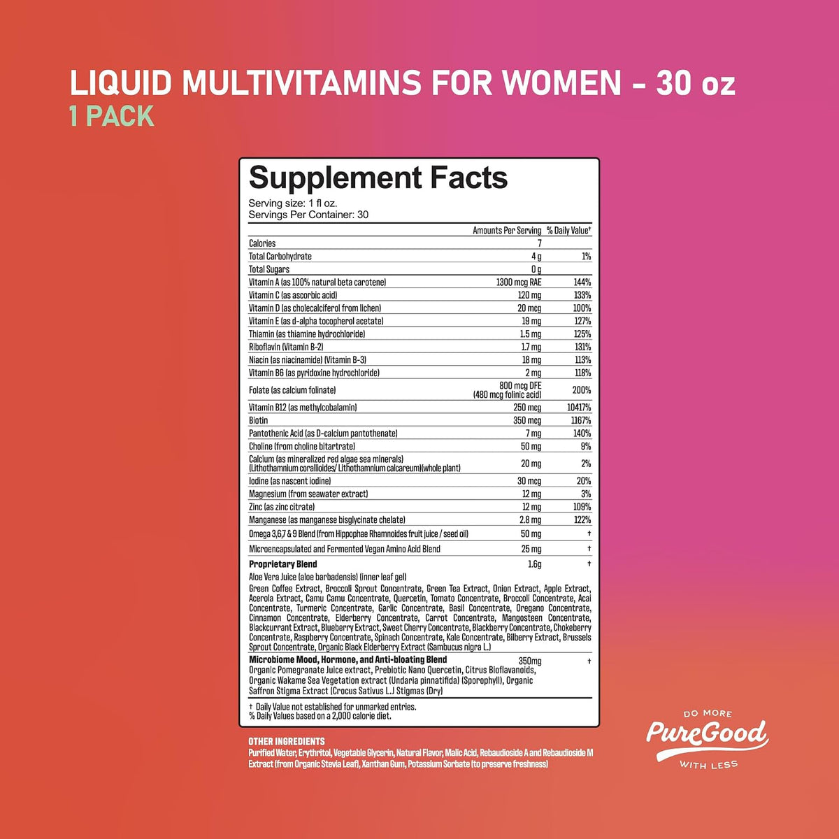 PureGood Liquid Multivitamin for Women | Methylated B12, Folate, Biotin & Saffron | Omega-3 6 7 9 | Energy, Mood & Hormone Balance Support | Iron Free | Sugar Free | 887 ml - görsel 7