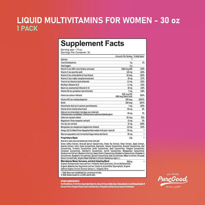 PureGood Liquid Multivitamin for Women | Methylated B12, Folate, Biotin & Saffron | Omega-3 6 7 9 | Energy, Mood & Hormone Balance Support | Iron Free | Sugar Free | 887 ml