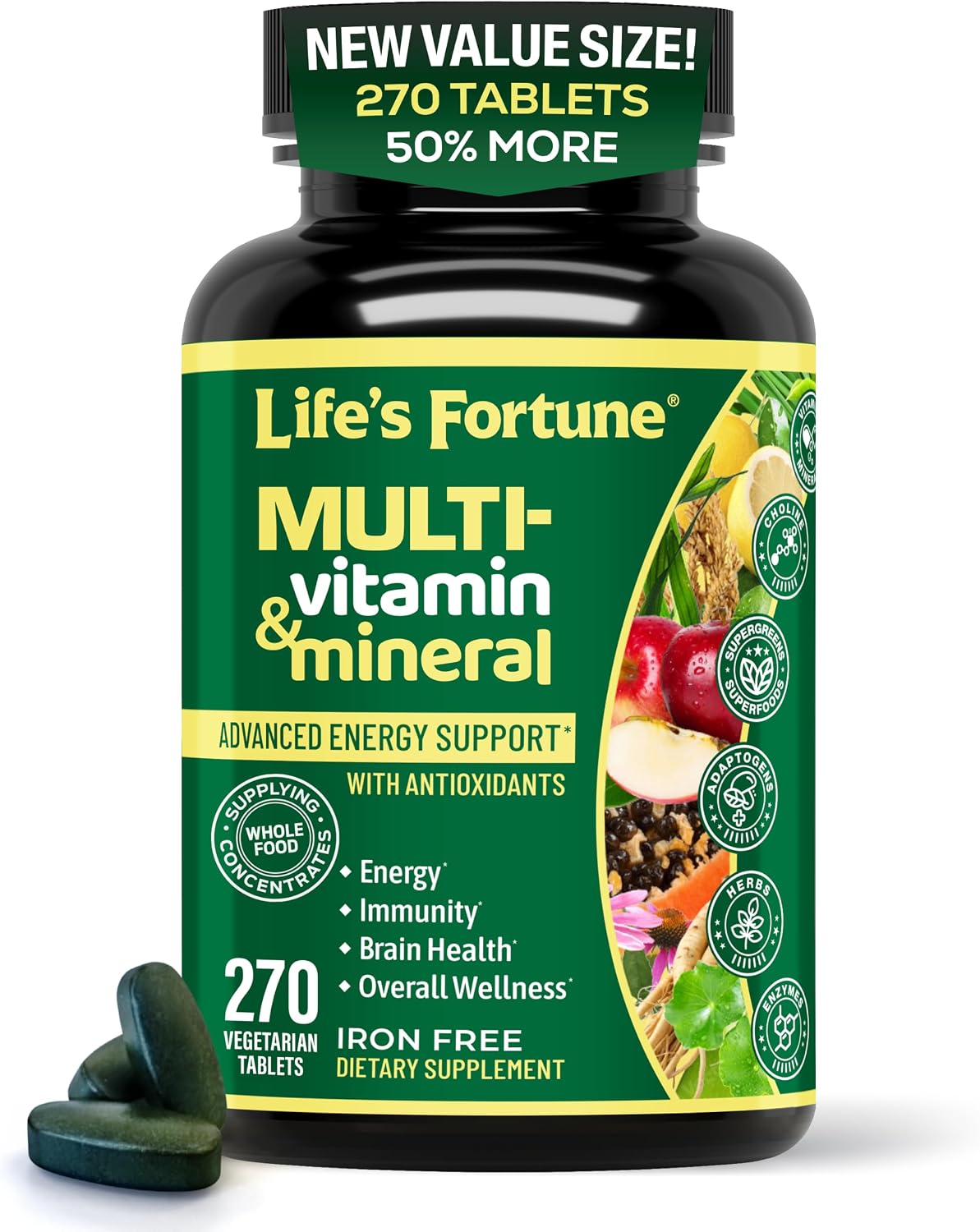 Life's Fortune Wholefood Multivitamin & Mineral Supplement – Energy Support Vitamins for Immune, Brain & Metabolism – Iron Free, 270 Vegetarian Tablets - görsel 1