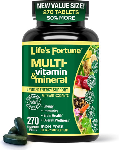 Life's Fortune Wholefood Multivitamin & Mineral Supplement – Energy Support Vitamins for Immune, Brain & Metabolism – Iron Free, 270 Vegetarian Tablets