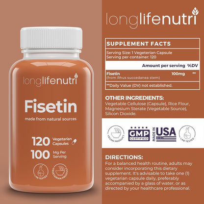 Fisetin 100mg - from Rhus Succedanea Stem Extract, 120 Vegetarian Capsules, Senolytic Supplement for Healthy Ageing, 4-Month Supply, Organic, GMP Certified, Made in USA