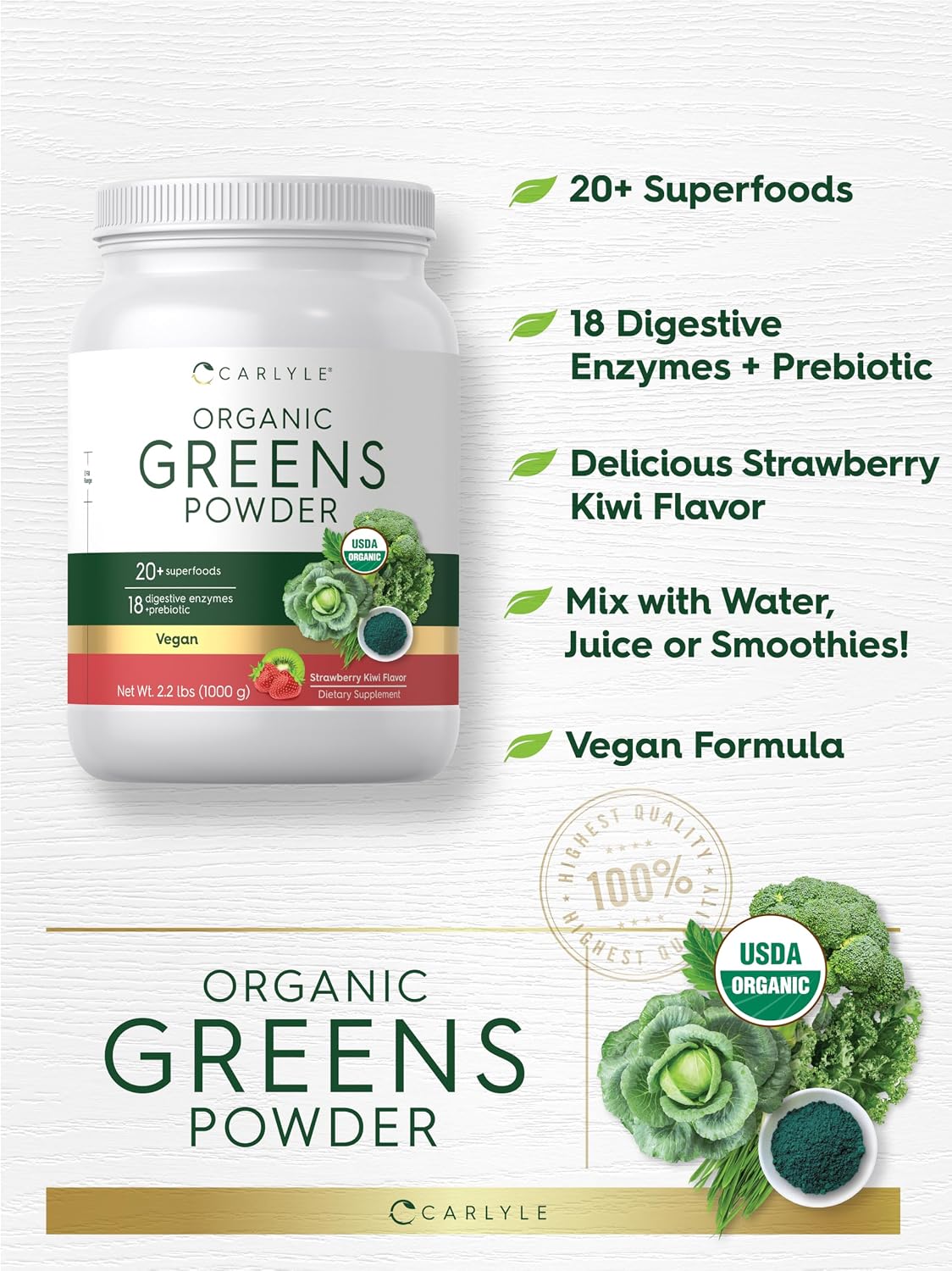 Carlyle Organic Greens Powder, Strawberry Kiwi, 1 kg - görsel 4