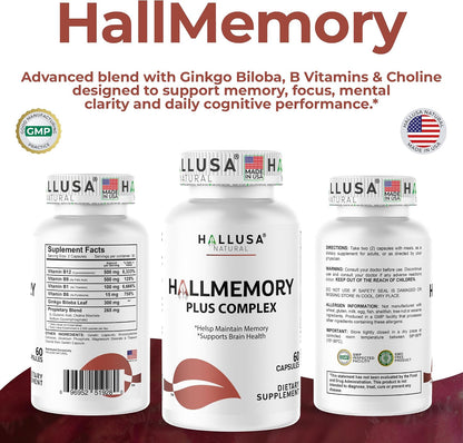 Hallusa Natural Brain Health Supplement - Cognitive Support for Memory and Focus with Ginkgo Biloba, Choline, L-Glutamic Acid and Vitamin B Complex - 60 Capsules