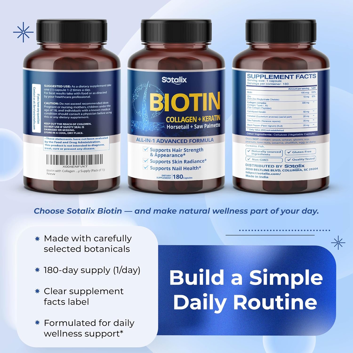 SOTALIX Biotin with Collagen + Keratin, Horsetail & Saw Palmetto - Hair, Skin & Nails Support (180-Day Supply) - görsel 9