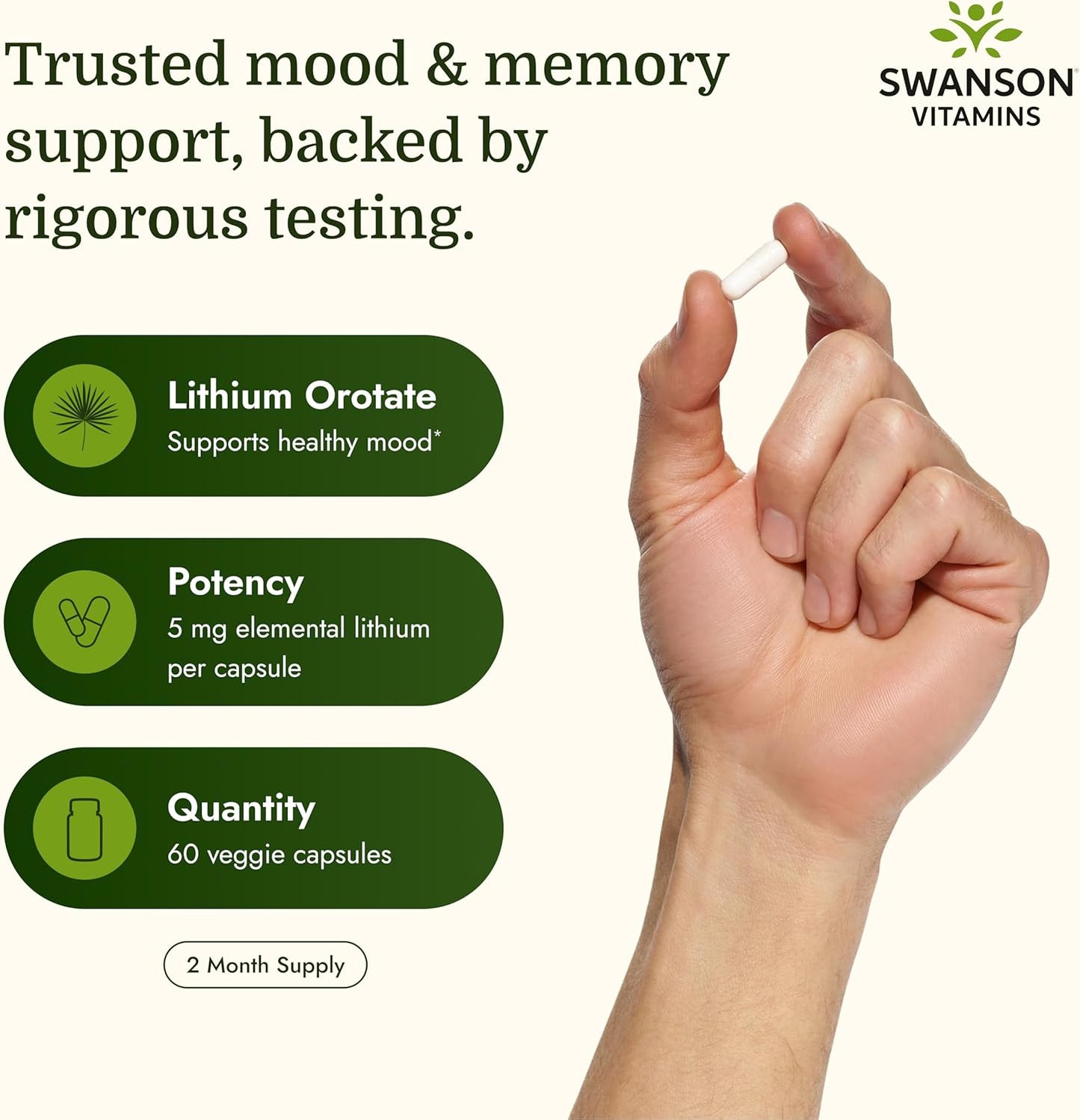 Swanson Lithium Orotate Mood and Memory Support Supplement - 5 mg, 60 Vegetarian Capsules - görsel 3