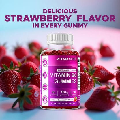 Vitamatic Vitamin B6 100mg Gummies - Berry Flavour - 60 Count (Pectin Based, Vegan, Non-GMO)