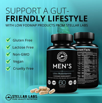 Stellar Labs Men's Low FODMAP Vegan Daily Multivitamin – No Iron, Gentle on Sensitive Stomachs