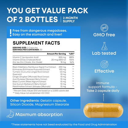 12 in 1 Immune Support Supplement - Immune Defence Vitamins with Elderberry, Vitamin D3, C, Zinc, Echinacea, Ginger - Natural Immunity Booster - 120 Capsules
