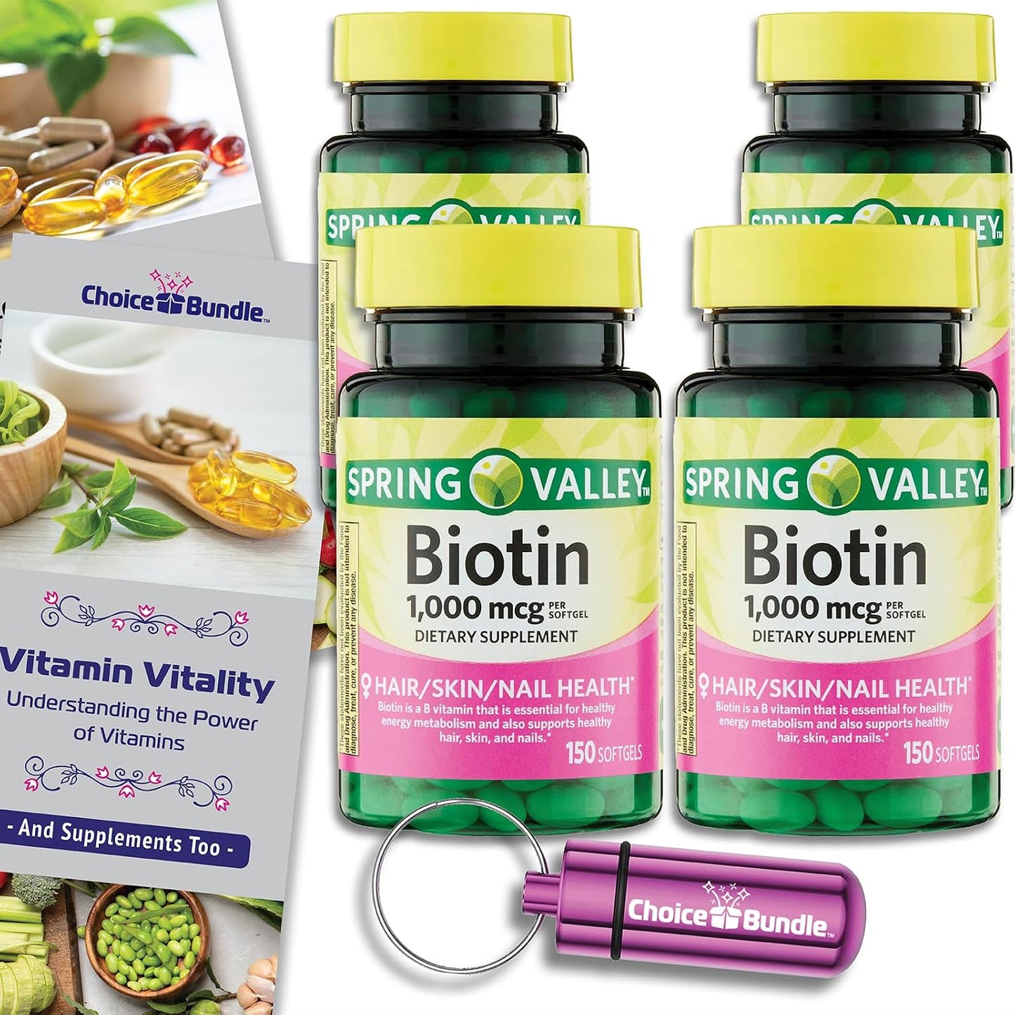 Spring Valley Biotin Soft gel capsules 1000mcg – 2 Pack (300 Soft gel capsules) + Bonus Vitamin Guide and Pill Container - görsel 9