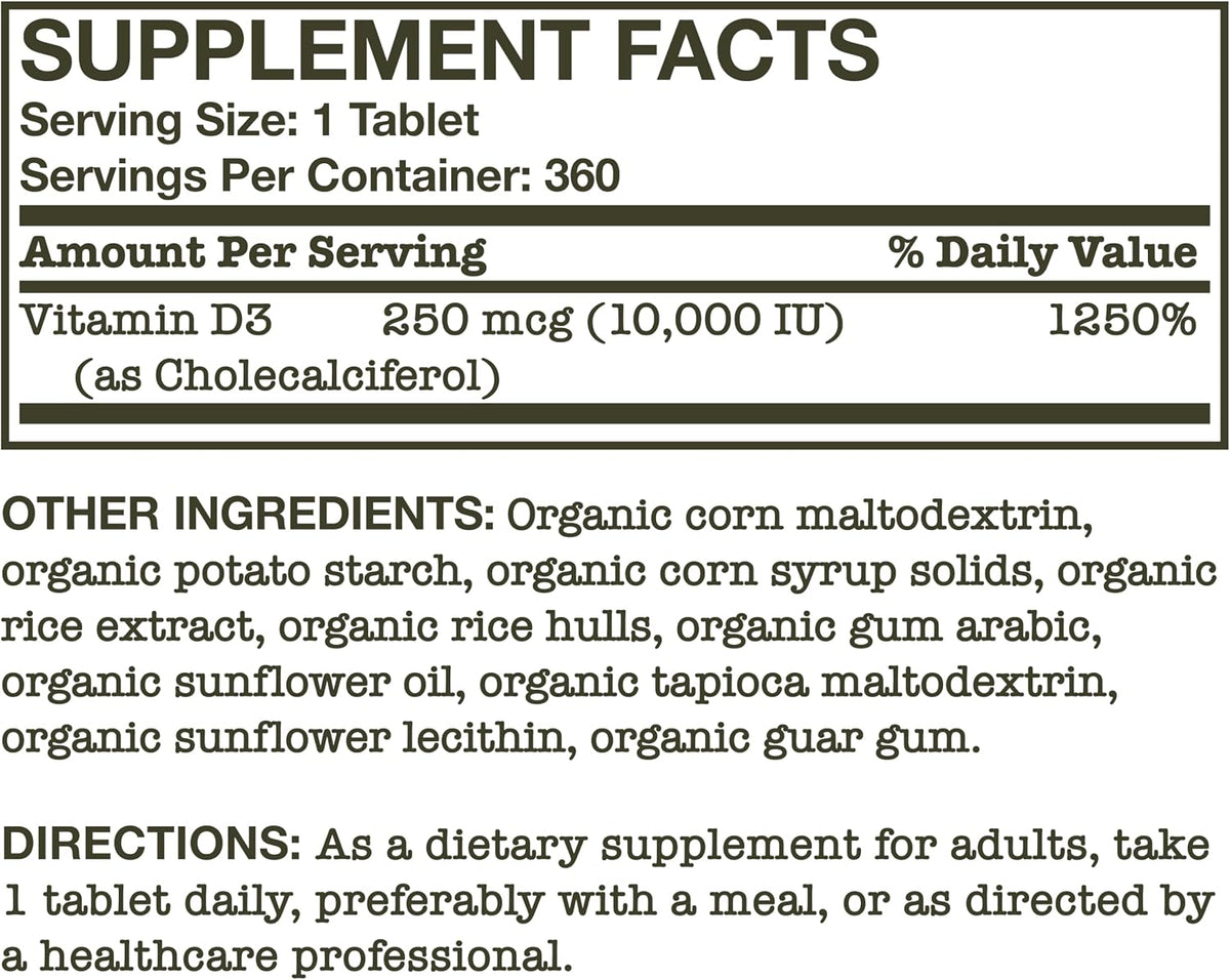 Futurebiotics Vitamin D3 10,000 IU (250 MCG) – 360 Organic Tablets - görsel 8