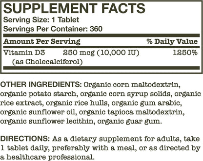 Futurebiotics Vitamin D3 10,000 IU (250 MCG) – 360 Organic Tablets
