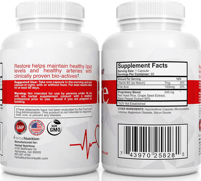 Restore Heart Health & Cholesterol Support Supplement, 180 Capsules