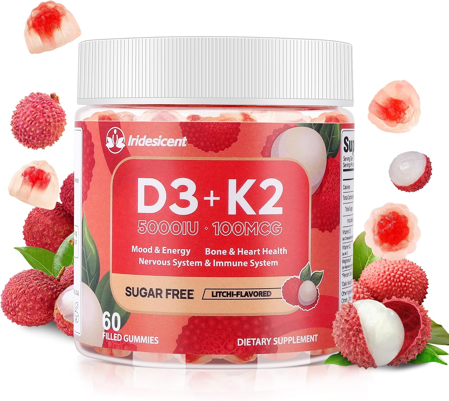 IRIDESICENT Vitamin D3 K2 Gummies - Sugar Free, Vegan, 5,000 IU D3 + 100 mcg K2 (MK-7) for Bone & Immune Support, Lychee Flavour (60 Count) - görsel 1