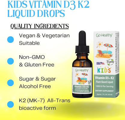Go Healthy Kids D3 K2 (MK-7) Liquid Drops - Sugar-Free, Vanilla Flavour, 30 Servings