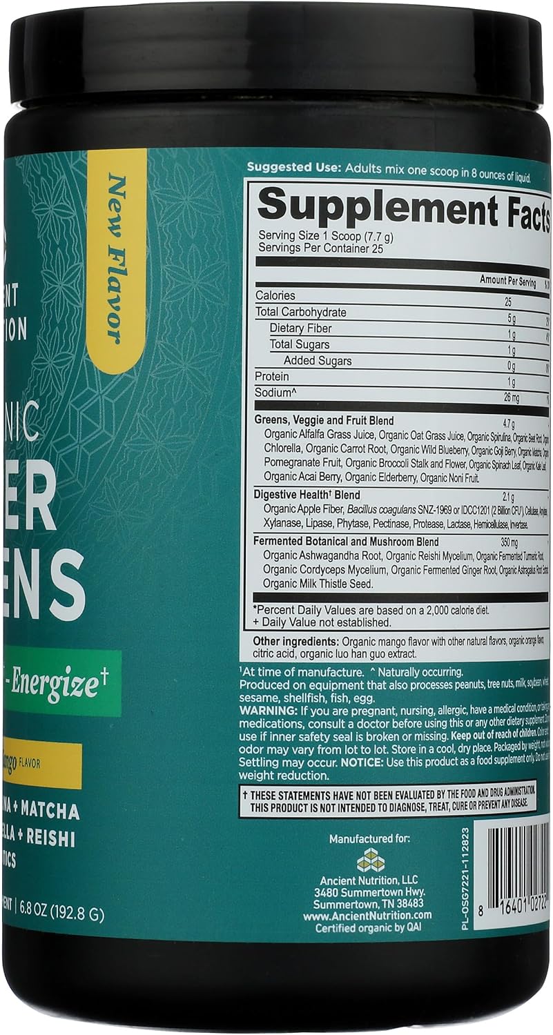 Ancient Nutrition SuperGreens Powder with Probiotics – Organic Mango Flavour, 25 Servings - görsel 3